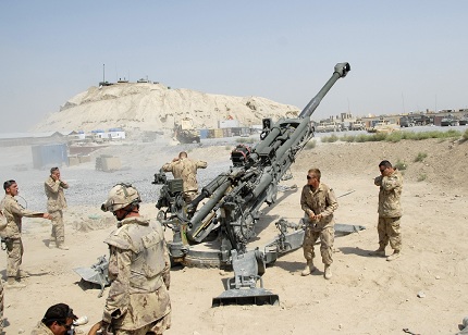 Soldiers from D Battery, 2nd Regiment, Royal Canadian Horse Artillery (2 RCHA) fire their M777 155-mm howitzer at the Canadian forward operating base (FOB). Used in support of infantry operations, these guns can deliver accurate supporting fire with explosive, smoke or illuminating rounds and have a range of several kilometres.
