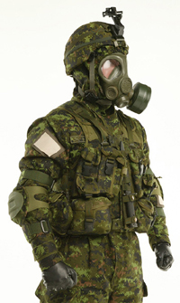 Canadian soldier in new CADPAT NBC (Nuclear Biological Chemical) suit with state of the art equipment
