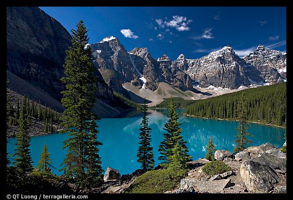 Moraine Lake and Wenkchemna Mountains , mid-morning. Banff National Park, Canadian Rockies, Alberta,