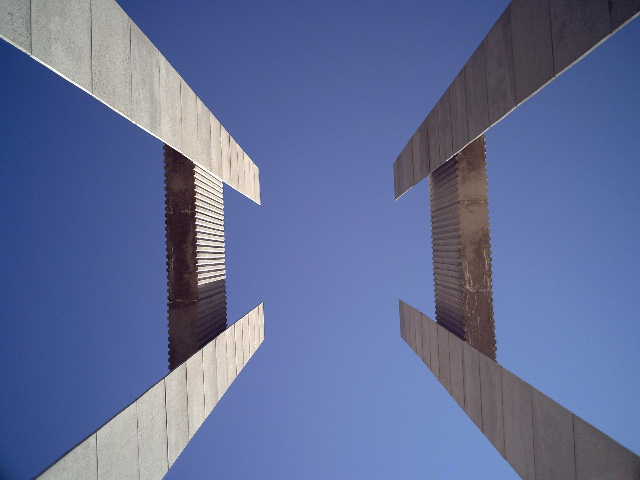 Looking at the towers at the International Peace Gardens from the ground up.