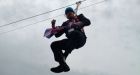 London Mayor Boris Johnson gets stuck on Olympic zipline